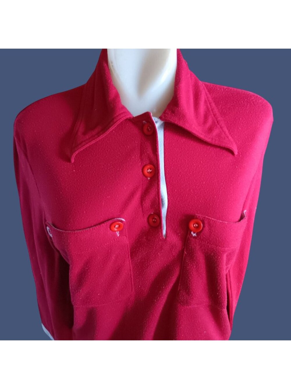 True Vintage Boho Top 1970's Red Long Sleeve Polo Collar & Waist Tie Hippy